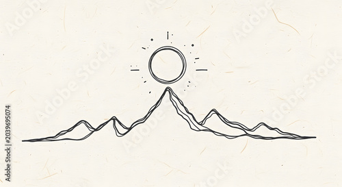 Minimalist mountain range with a sun, line art illustration of a mountain peak, simple handdrawn landscape design