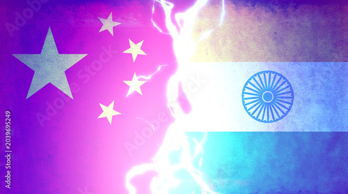 China vs India Flags Conflict Concept Background ( Lightning )