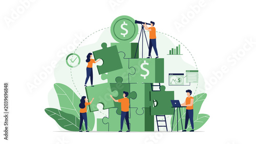 Business teamwork for financial success showing tiny people assembling a giant dollar puzzle for profit growth and strategic investment.