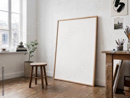 Blank poster frame mockup for wall art display leaning against white wall in modern art studio with soft natural daylight and copy space
