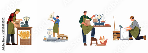 Fotografie A collection of male bakery or mill workers in aprons weighing flour and grain sacks using traditional and modern scales, flat vector illustration