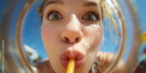 The Fisheye Sips:  Face Bent by Curves, Sunlight, and Playful Distortion, ai generated.