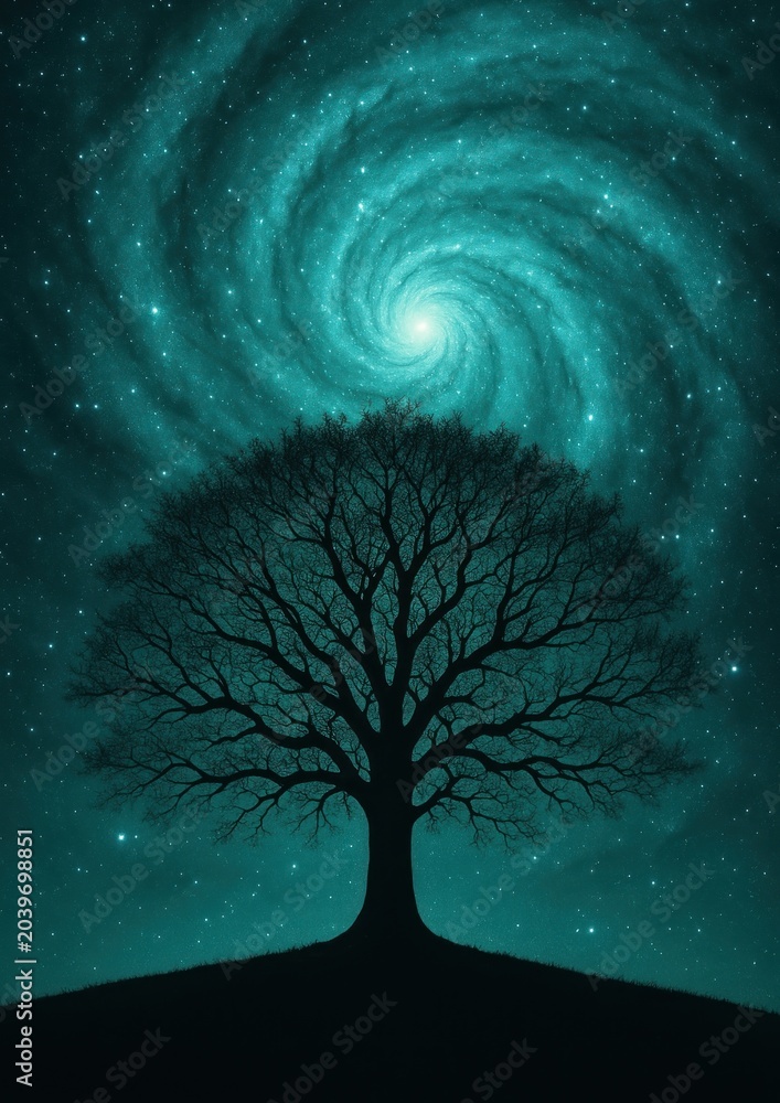 Obraz premium Cosmic tree under swirling galaxy