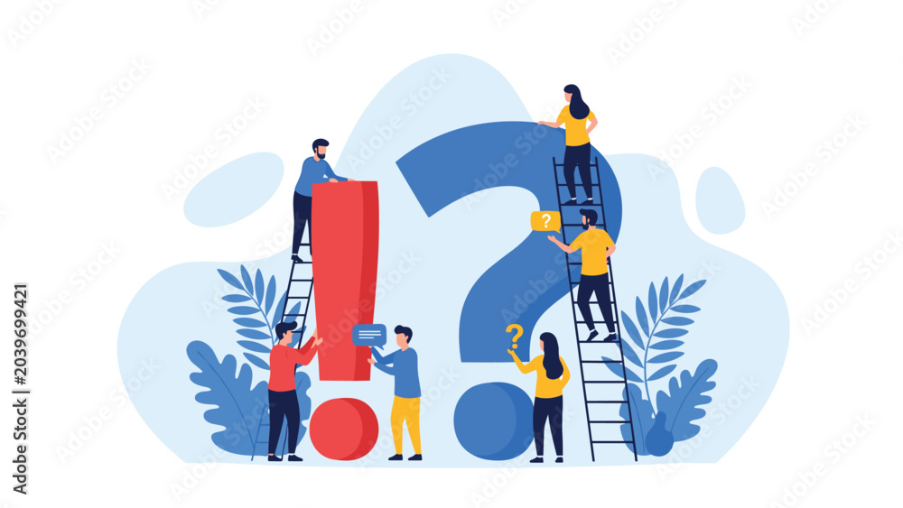 Naklejka premium Creative business team working together to solve problems around giant exclamation point and question mark symbols for success.