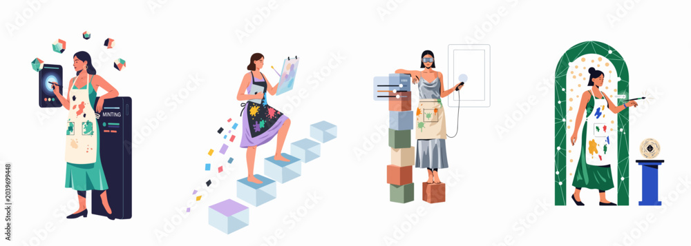 Fototapeta premium Set of conceptual illustrations depicting female artists exploring NFT art creation, digital minting, virtual reality, and the future of creative technology.