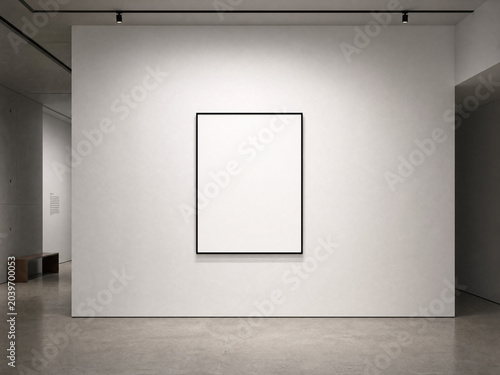 Vertical frame mockup for wall art display in minimalist gallery room with large white wall, concrete floor, soft museum lighting and copy space

