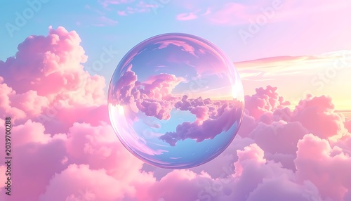 Fluffy pink and blue clouds reflecting in a glass orb during a beautiful sunset, creating a dreamy, surreal scene