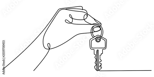 Continuous line drawing of a hand holding a house key
