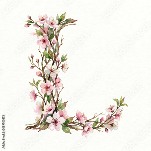 Delicate watercolor alphabet letter L adorned with blooming cherry blossoms and branches