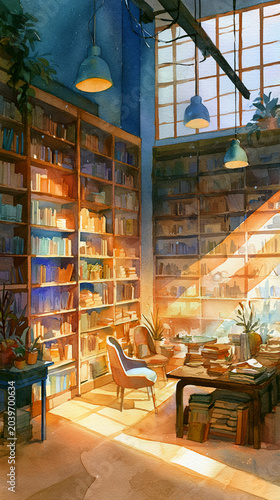 Dreamy Bookstore Interior Illuminated by Morning Sunlight, A Literary Sanctuary Shaped Around the Charm of a Dreamy Bookstore Interior