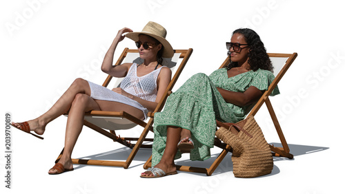 Foto Two women sitting in beach chairs and talking and sunbathing, isolated on white