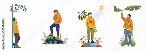 Bild auf Leinwand Flat vector illustration set of men exploring and enjoying nature in the outdoors, featuring hiking, observing plants, and appreciating the environment