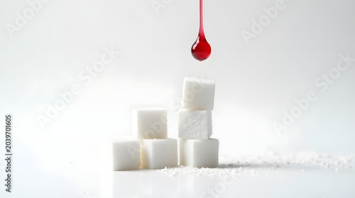 Red Liquid Droplet Dripping Onto Piled Sugar Cubes on a White Background in a Minimalistic Setup