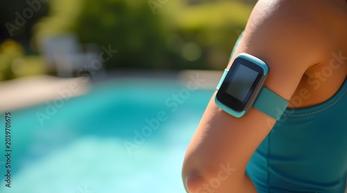 Fitness Tracker Armband on a Woman's Arm Near a Bright Blue Swimming Pool on a Sunny Day