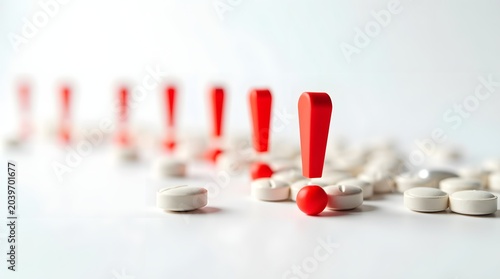 Cautionary Red Exclamations amid White Pills on a Bright Background Representing Health Risks
