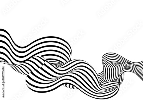 Stylish black and white wave with thin stripes forming a volumetric 3D shape on paper. Eps 10