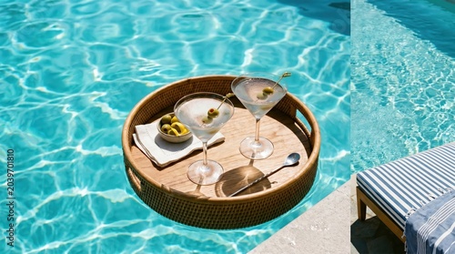 Floating tray holding two martini glasses with olives beside pool edge and striped lounge chair on sunlit turquoise water