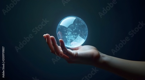 Hand Holding a Crystal Globe Emitting Light and Sparkles Against a Dark Background