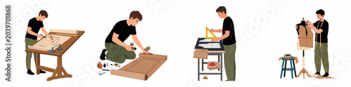 Konstfotografi Set of illustrations featuring a young male fashion designer creating garment patterns, measuring fabric, and working on a mannequin in a creative studio workshop