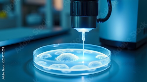 Microscope Analyzing Bacteria Culture on Petri Dish in Modern Laboratory with Blue Illumination