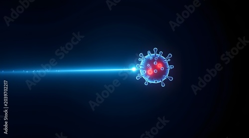 3D Visualization of Virus Structure Emitting a Laser Beam on a Dark Background