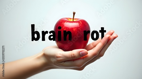 Hand Holding a Bright Red Apple with Text Concept of Brain Rot on a Minimalist Background