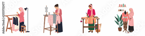 Фотография Flat illustration set of Muslim female artisans engaged in traditional sewing, embroidery, and dressmaking work for cultural garments like Kebaya