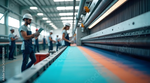 Workers Operating Machinery in Textile Factory with Colorful Materials Moving on Conveyor Belt