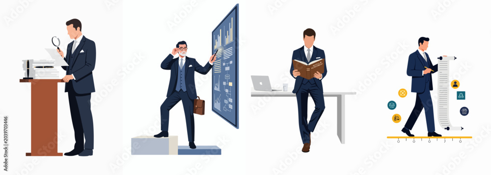 © Payandu - Illustrations of professional businessmen in suits engaged in corporate, legal, and financial activities such as research, data analysis, and document review. © Payandu - Illustrations of professional businessmen in suits engaged in corporate, legal, and financial activities such as research, data analysis, and document review.