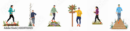Φωτογραφία Collection of flat vector illustrations showing people trail running, hiking, and orienteering through diverse natural landscapes such as forests and boardwalks