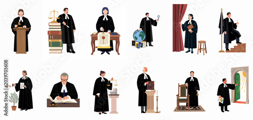Obraz na płótnie A collection of flat vector illustrations featuring judges in various legal scenarios, including courtrooms, international law, and justice symbolism