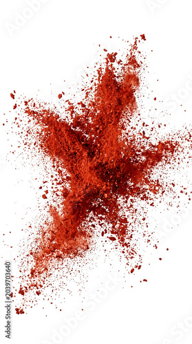 Vibrant red spice explosion, dynamic chili powder splash with fine particles, aromatic paprika dust burst for culinary and food design projects isolated PNG with Transparent Background