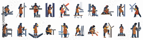 Bild auf Leinwand Collection of flat vector illustrations depicting a weary man in a tattered trench coat in various urban and travel-related scenes, focusing on time and waiting