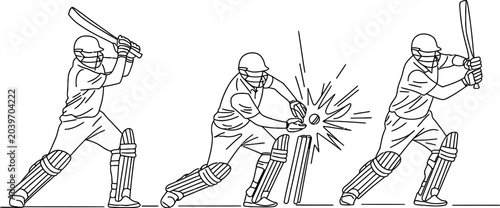 Fotografía Black and white line art illustration of cricket players in action poses hitting