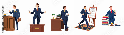 Foto Professional legal characters set featuring male and female lawyers and attorneys in courtroom and office settings performing various judicial duties