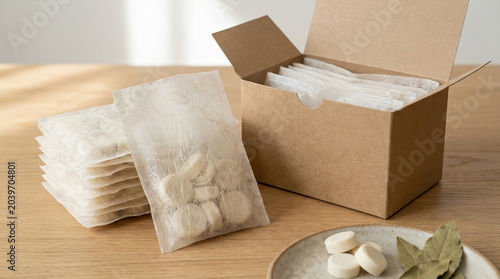Sustainable packaging design sustainable packaging design with paper bag and cardboard box on wooden table