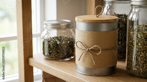 Sustainable packaging design sustainable packaging design with glass jar and kraft container on wooden shelf