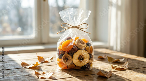 Sustainable packaging design dried fruit packaging sustainable design in clear bag on wooden table