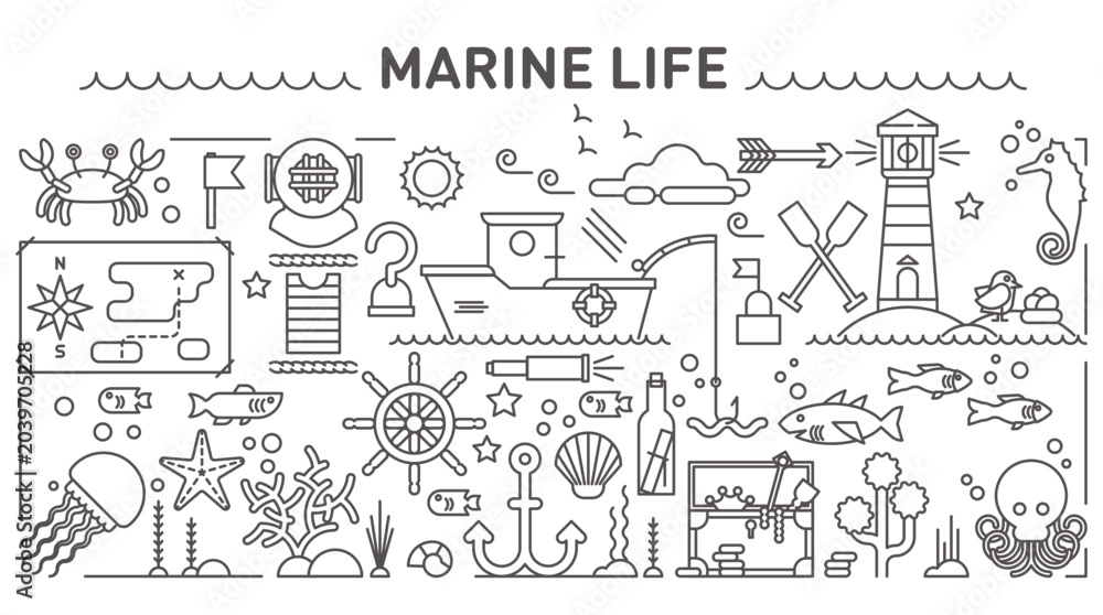 Obraz premium Marine sea life concept illustrations, outline style objects collection set, transparent background.