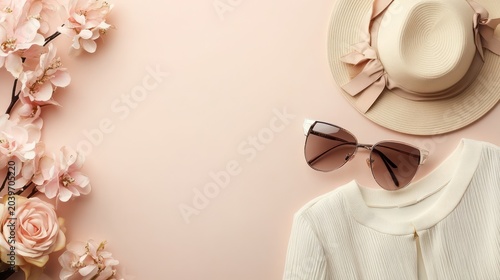 Fashion women stylish accessories outfit glamour set with label flat lay beige pastel background table with copy mock up space,