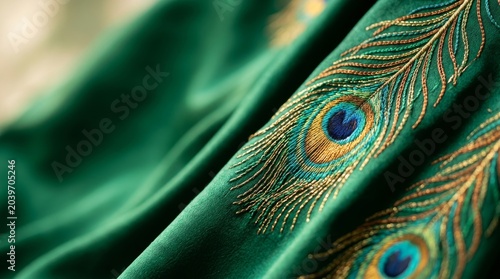 Close-up of Emerald Green Velvet Fabric with Golden Peacock Feather Embroidery