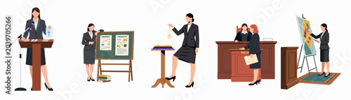 Fotografie Flat Vector Illustration Set of Female Lawyers and Judges Presenting Evidence an