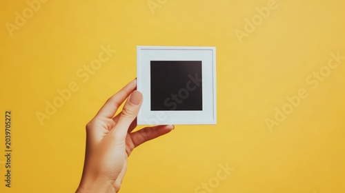 female hand holds empty instant photo frame isolated on yellow background