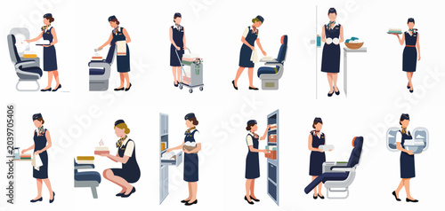 Fotografía Collection of flat vector illustrations depicting professional airline stewardesses performing various in-flight services and cabin preparation tasks for passengers