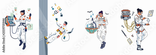 Tableau sur toile Futuristic scientists and engineers in white jumpsuits performing advanced research and technical tasks using high-tech equipment in a minimalist flat illustration style