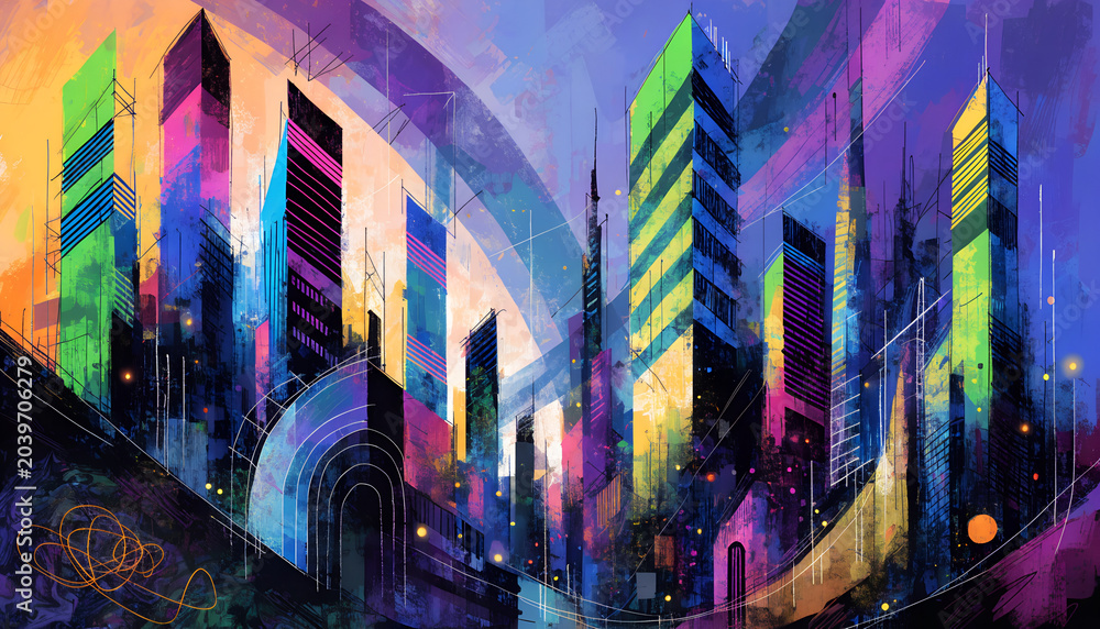 Fototapeta premium Abstract illustration of colorful skyscrapers in a city skyline at dusk. 