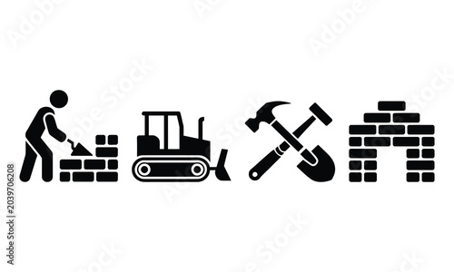 Canvas Print Construction tools and bricklaying process illustration