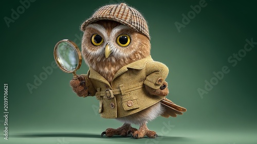 Detective Owl on a Case: A charmingly illustrated owl dressed as a detective, complete with a trench coat and hat, peers intently through a magnifying glass.