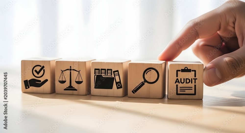 Naklejka premium A hand placing wooden blocks with business audit icons including scales of justice and a clipboard checklist
