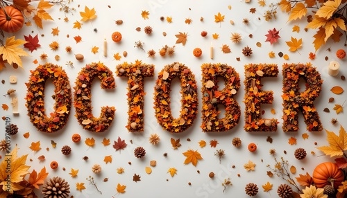 adobe stock photo of October written in autumn leaves and acorns on white background with seasonal decorations